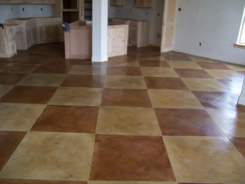 Checkerboard scored stained concrete floor